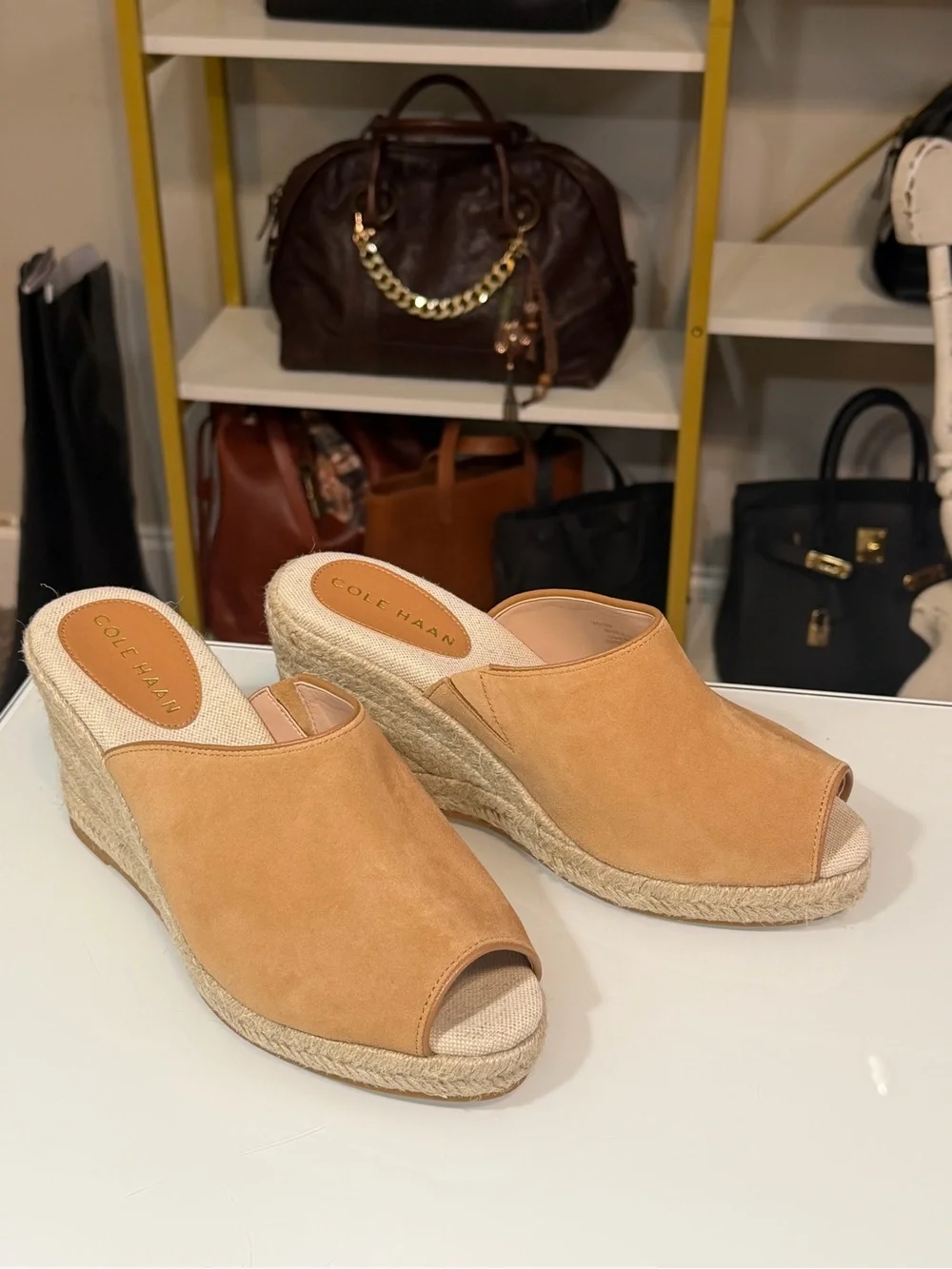Cole Haan Cloudfeel Southcrest Espadrille Wedge Mule in tan suede sz7